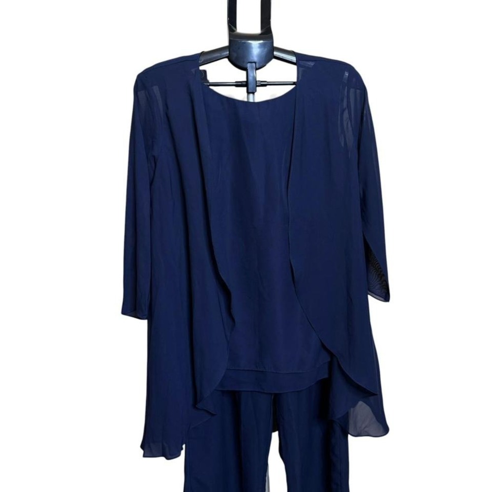 Navy Blue 3 Piece Chiffon Pant Suit Formal Wedding Guest Duster Set Size 10